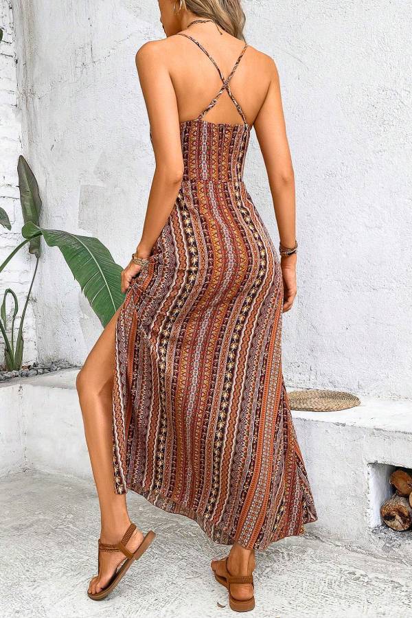 Bohemian Striped Cross-Back Maxi Dress