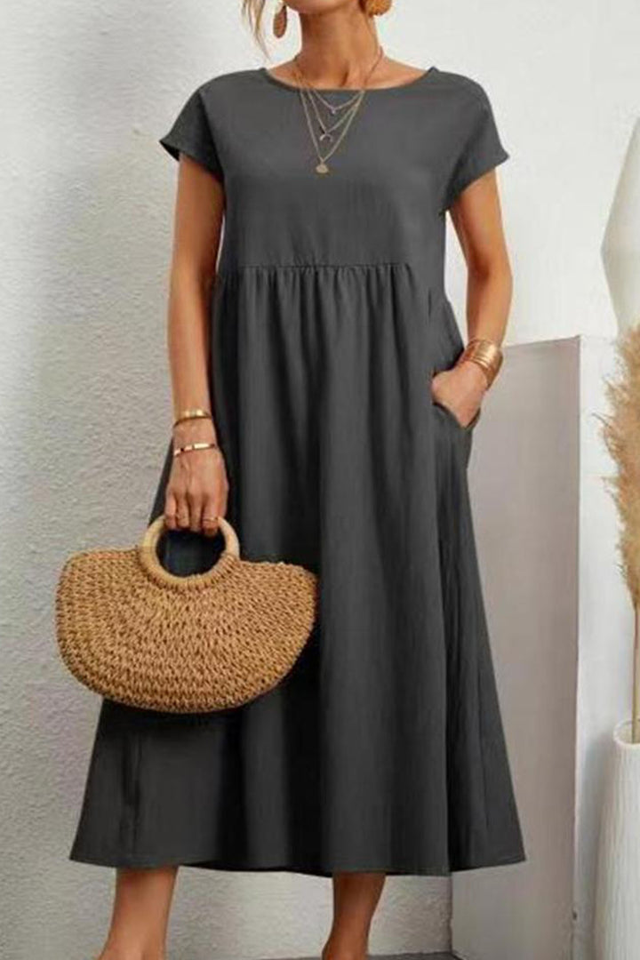 Cotton Linen Solid Short Sleeve Midi Dress Dark Grey