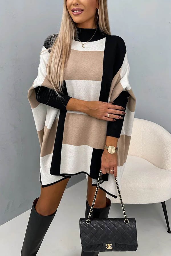 Hughes Color Block Plaid Mock Neck Cape Loose Sweater Black