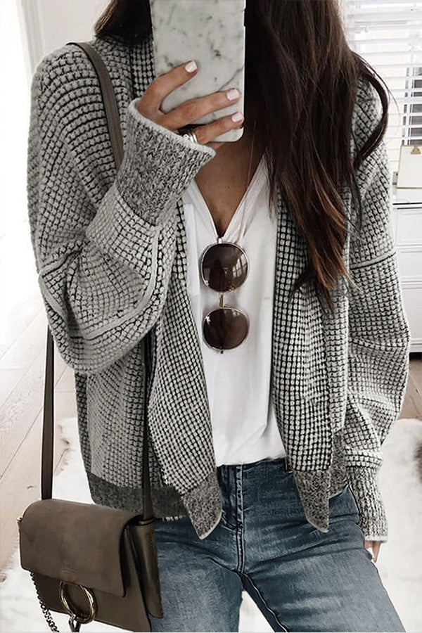 Contrast Trim Open Front Cardigan Grey Gingham