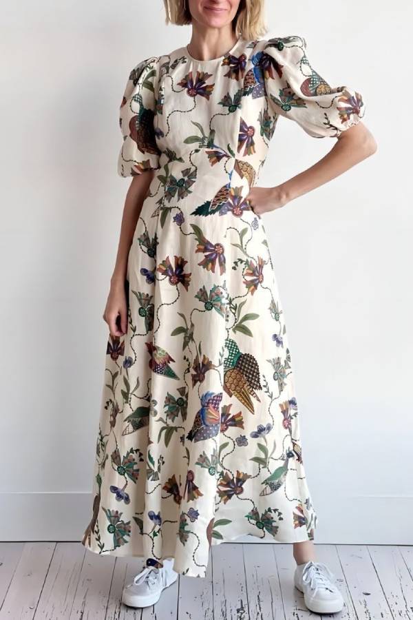 Vintage Floral & Bird Print Puff-Sleeve Waisted Midi Dress