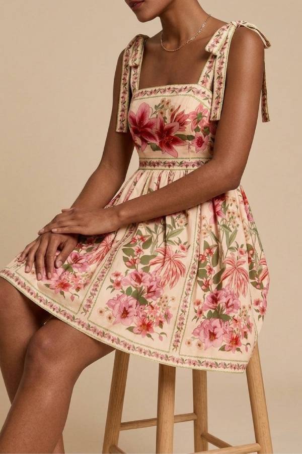 Vintage Floral Tie-Strap Mini Dress