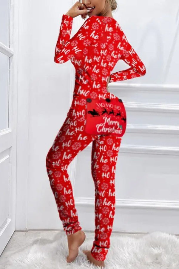 Christmas Letter Print Functional Buttoned Flap Adults Pajamas Red