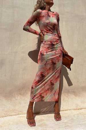 Charm Lady Mesh Overlay Tie Dye Print Long Sleeve Ruched Stretch Midi Dress Pink