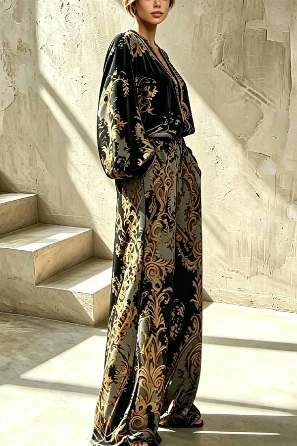 Baroque Noir Statement Blouse and Wide-Leg Pant Set