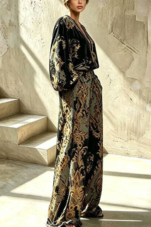 Baroque Noir Statement Blouse and Wide-Leg Pant Set