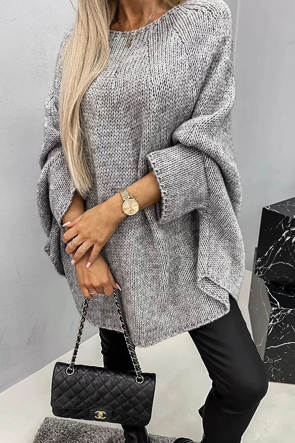 Remember Me Knit Crew Neck Poncho Loose Sweater Grey