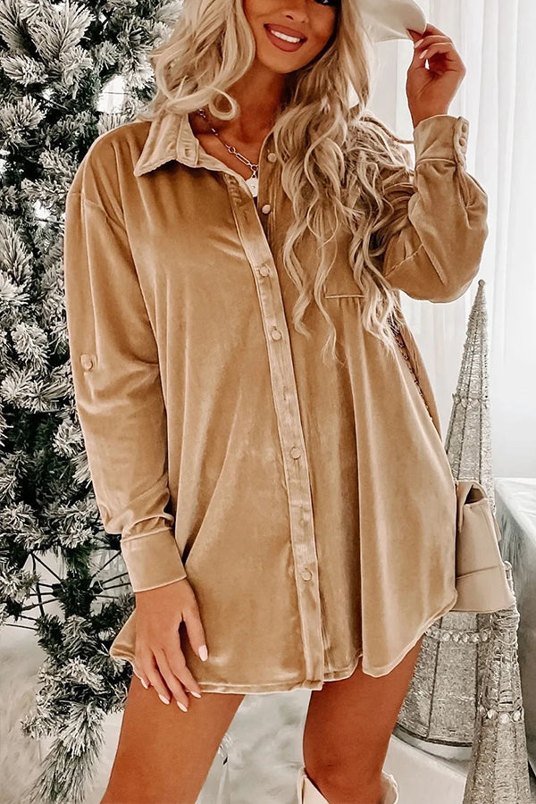 Flaxen Velvet Button Front Shirt Mini Dress Flaxen