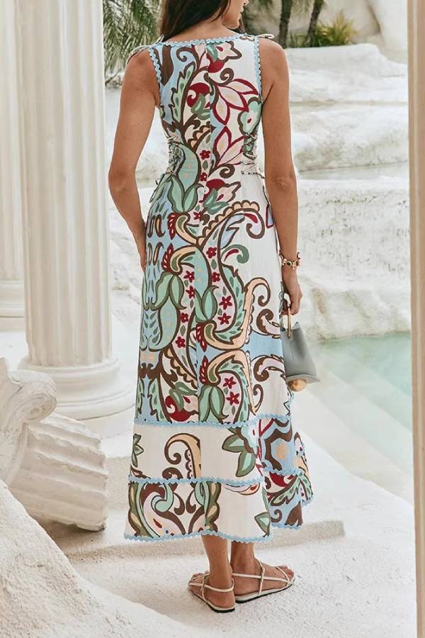 Paisley Print Lace-Up Waist Sleeveless Dress