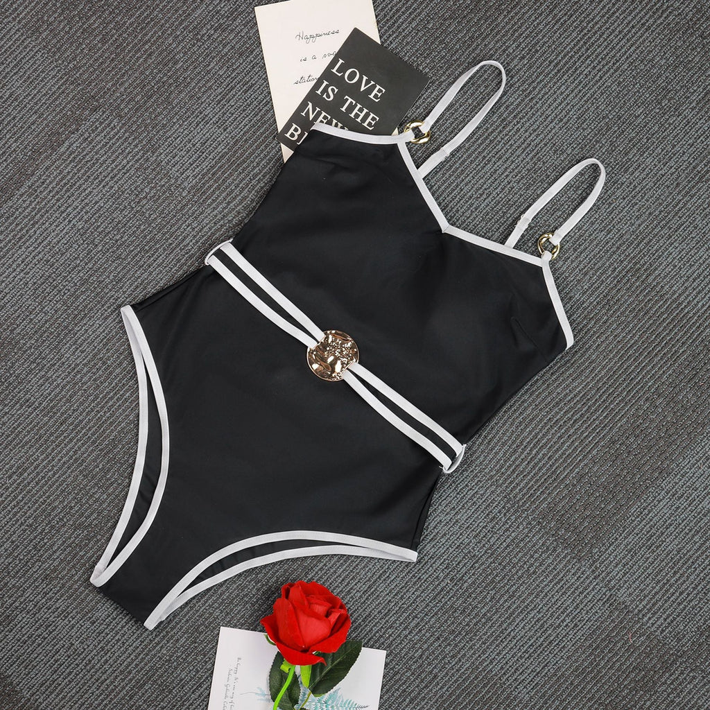 Black & White Contrast Metal Buckle Belt One-Piece Swimsuit