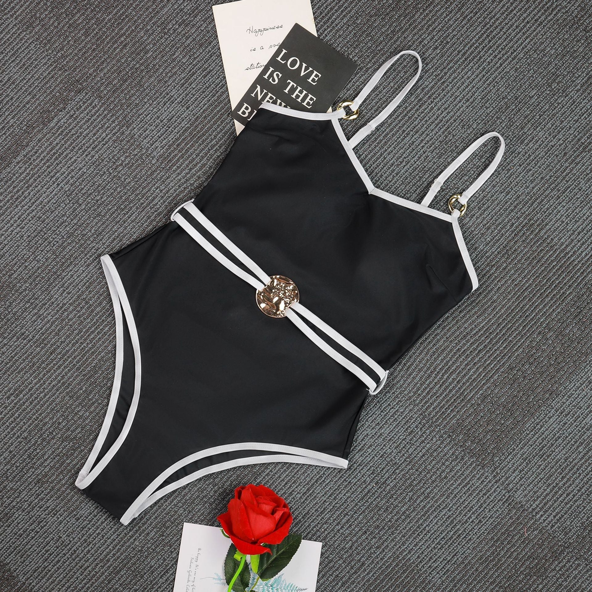 Black & White Contrast Metal Buckle Belt One-Piece Swimsuit