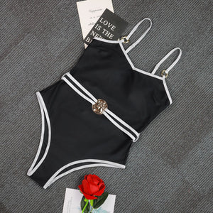 Black & White Contrast Metal Buckle Belt One-Piece Swimsuit