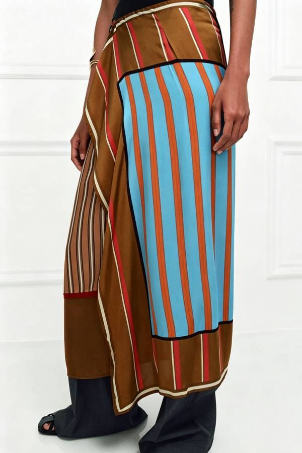 Fun Pairings Satin Colorblock Striped Print Wrap Tie-up Midi Skirt