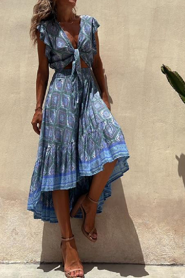 Libby Hippie Boho Printed Tie Front Ruffle Sleeve Smocked Waist Midi Dress