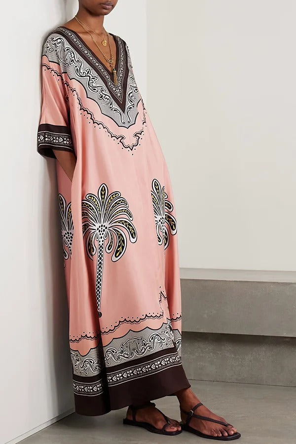 Satin Unique Print Casual V-neck Loose Holiday Maxi Dress