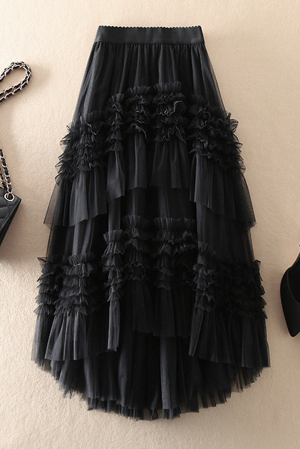 Elegant Mood Tulle Pleated Ruffle Elastic Waist Tiered Midi Skirt Black
