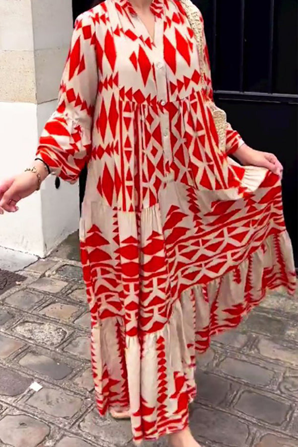 Bohemian elegant v-neck long sleeve dress Red