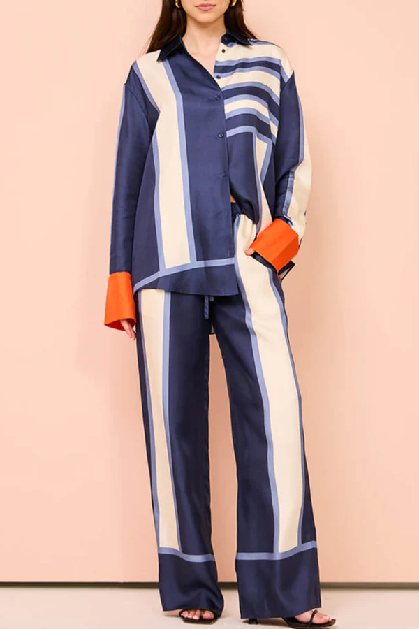 Striped Patchwork Unique Printed Elastic Waist Pocket Wide Leg Pants Blue