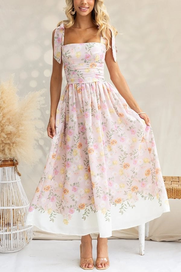 Elegant Floral Print Suspenders Slim Maxi Dress Pink