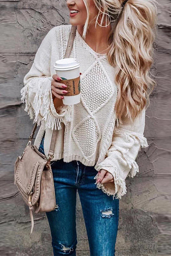 LOOK WHAT YOU MADE ME DO TASSEL KNIT SWEATER White