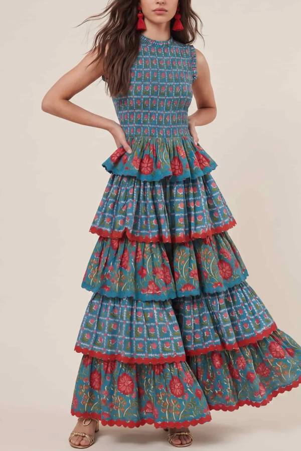 Pleated Deign Printed Maxi Dress