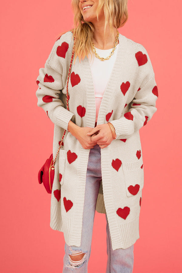 Love knitted cardigan Love pocket V-neck mid-length knitted cardigan apricot