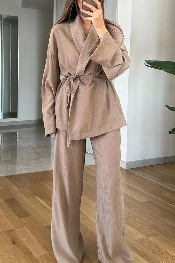 Casual Solid Color Lappel Top & Pants Two-Piece Set Khaki
