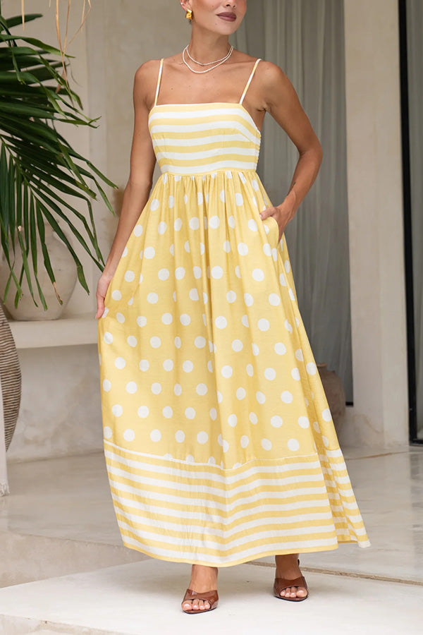 Striped Polka-dot Print Sling Pleated Open-back Maxi Dress Yellow
