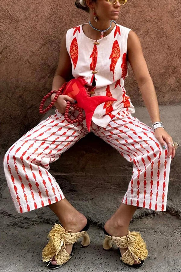 Good Luck Linen Blend Koi Pattern High Rise Elastic Waist Loose Pants