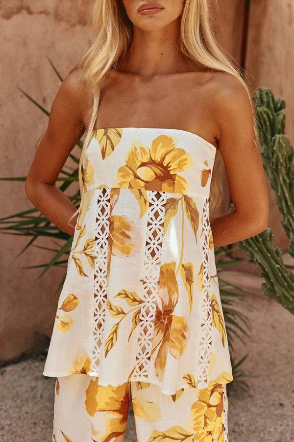 Strapless/Spaghetti Strap Cutout Floral Top & Wide Leg Pants Two-Piece Set