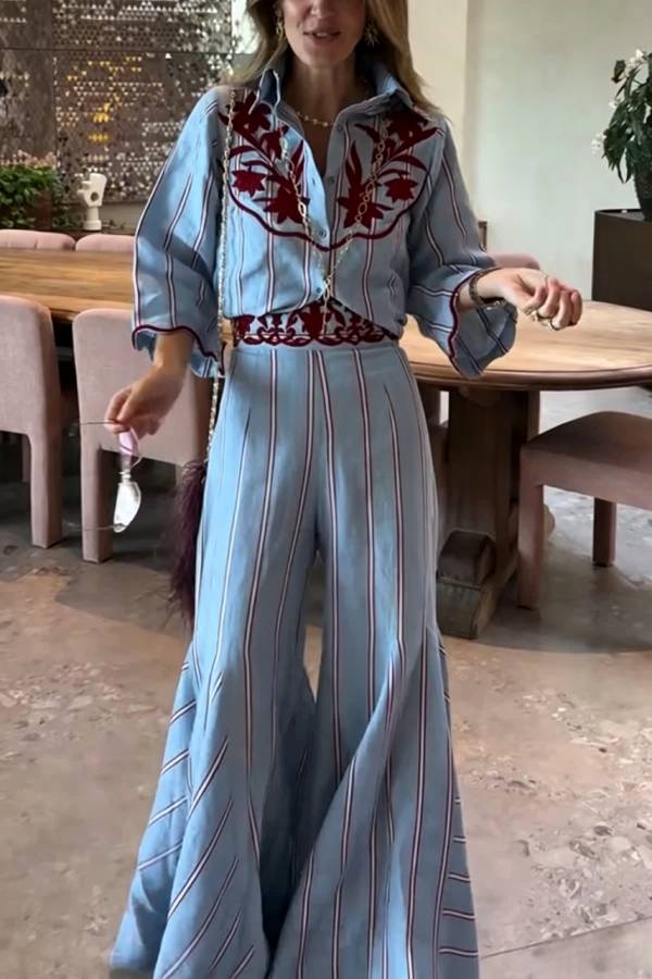 Delirio Linen Blend Floral Embroidery and Stripes Print High Rise Flare Hem Pants