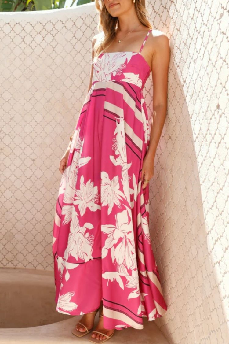 Printed Ruffle Suspender Maxi Dress