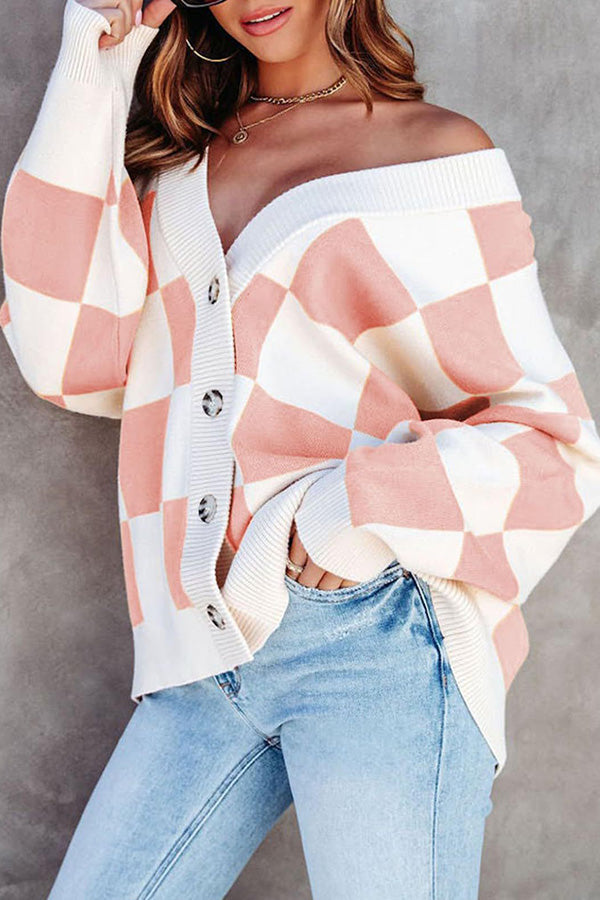 Casual loose checkerboard contrasting V-neck buttoned long-sleeved knitted cardigan Pink