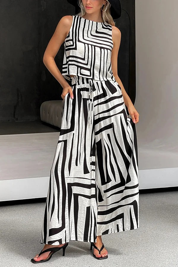 Striped Printed Sleeveless Casual Top and Elastic Waist Loose Pocket Wide-leg Pants Set Multicolor