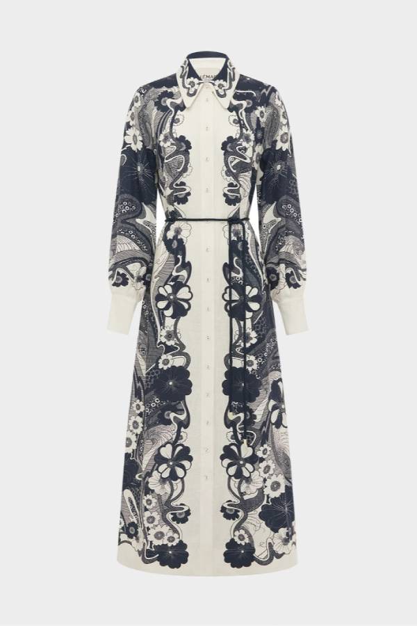 Black & White Floral Print Shirt Dress Puff Sleeve Waist Tie Maxi Dress