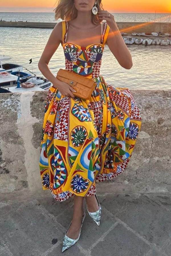 Unique Sunset Walk Ethnic Pattern Print Backless Midi Dress