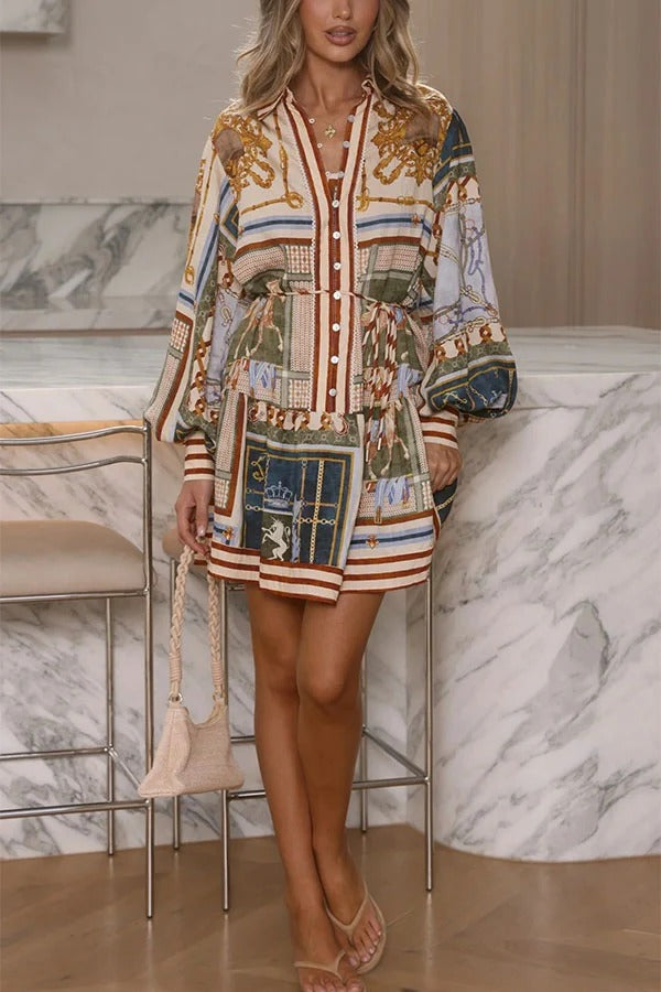 Palace Style Linen Blend Unique Print Button Balloon Sleeve Tie-up Shirt Mini Dress
