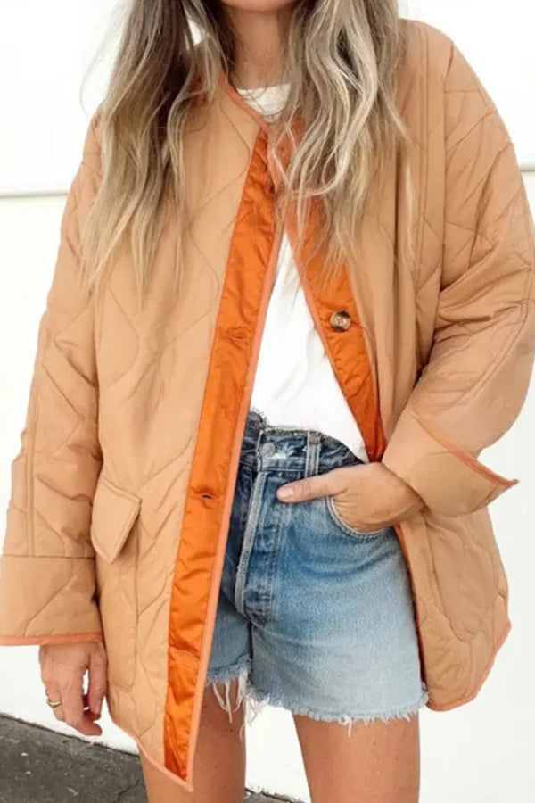 Women's Loose Cotton Jacket Color Block Pocket Casual Jacket Orange