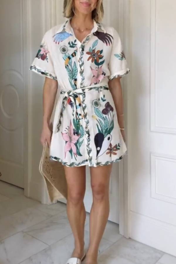 Minikleid mit Blumendruck, kurzärmliges Hemdkleid