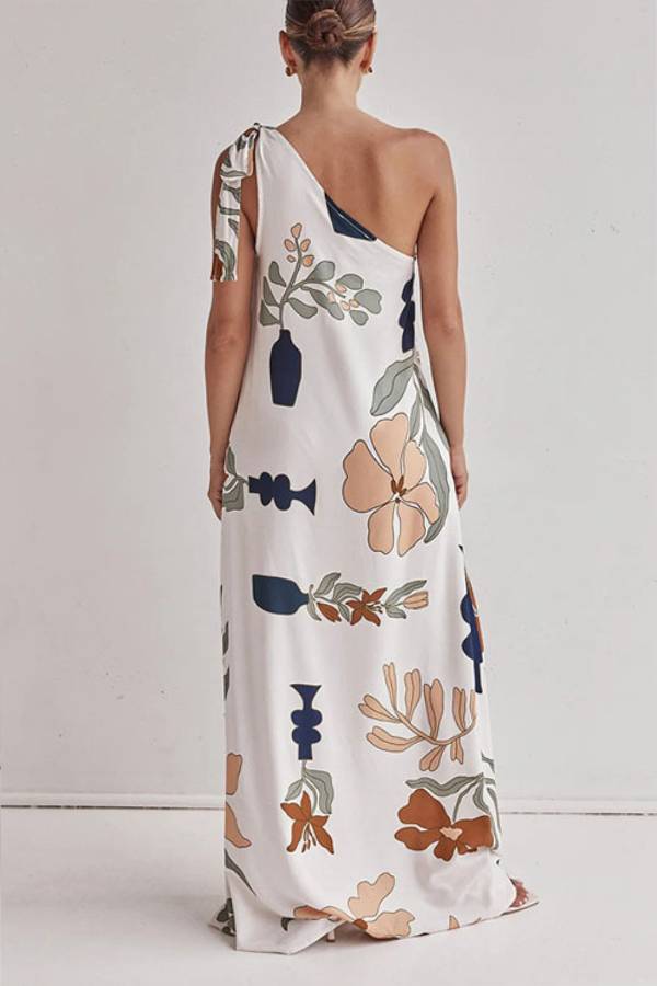 Matches The Vacation Unique Print One Shoulder Tie-up Pocketed Loose Maxi Dress