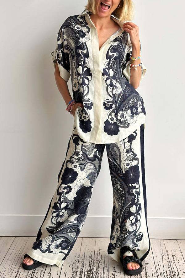 Ink Floral Print Short Sleeve Shirt & Wide Leg Pants Loungewear Set
