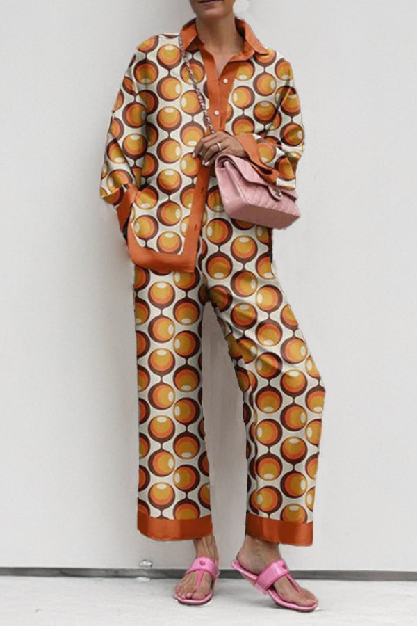 Loose Printed Long Sleeve Wide Leg Pants Fashion Suit Gold