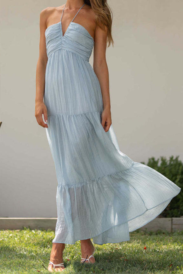 Sling v-neck long splicing temperament off-shoulder dress Blue