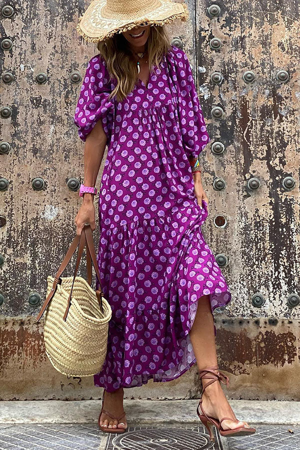Puff Sleeve Tiered Midi Dress Purple