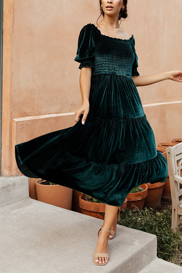 Gold velvet square neck ruffled high waist tight temperament commuter dress dark green