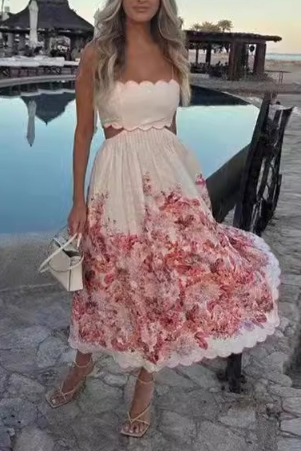 Fashionable Suspender Print Back Tie Dress Pink