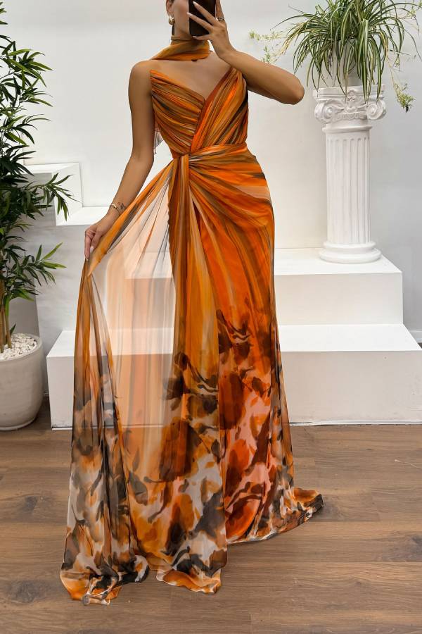 In A Dreamland Chiffon Floral Print Off Shoulder Pleated Scarf Slit Maxi Dress Orange