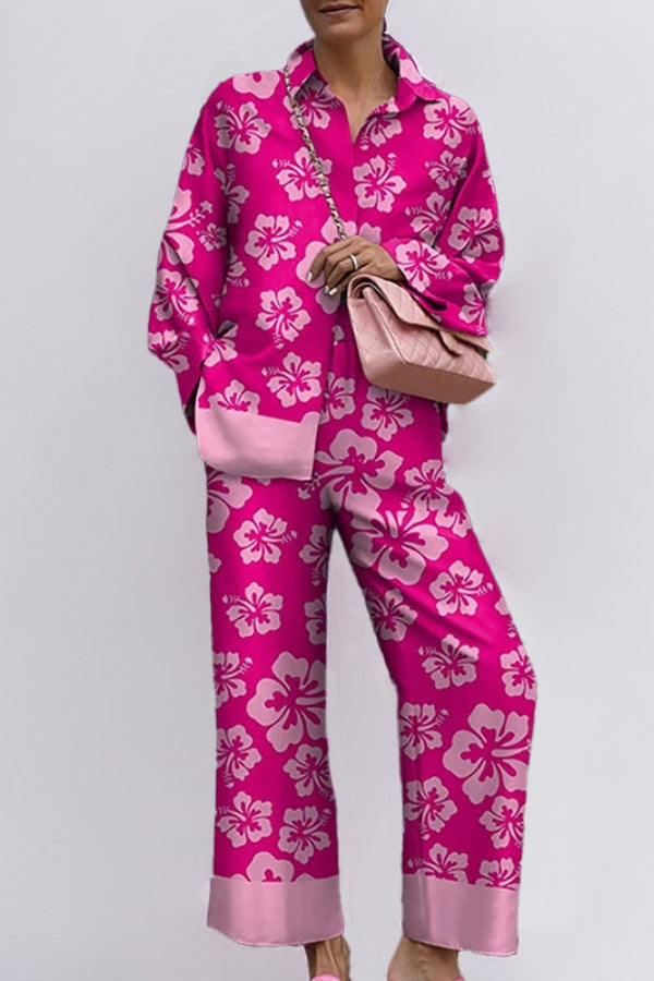 Loose Printed Long Sleeve Wide Leg Pants Fashion Suit Pink