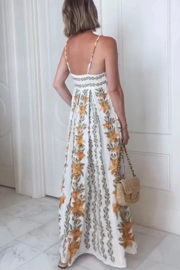 Summer Dreamer Linen Blend Unique Print Beaded Straps Pocketed Maxi Dress