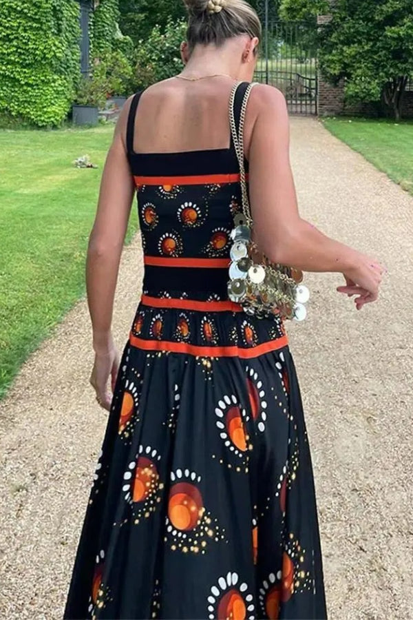 Elegant Printed Square Neck High Waisted Pleated Midi Dress